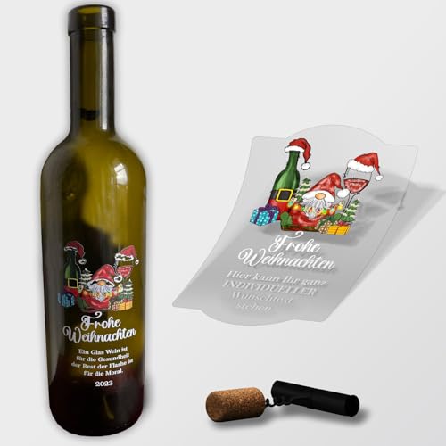 Weihnachten Flaschenetiketten personalisiert mit Wunschtext - 4 Stück 85x130mm- transparente Aufkleber für Geschenk - weihnachtliche Flaschen Aufkleber (Motiv Gnome) von FOTOFOL