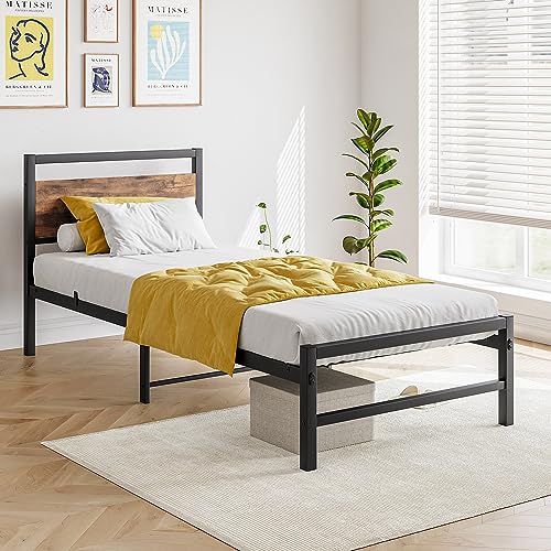 FOUBAM Bed Frame Metallbett Bettgestell aus Metall mit Lattenrost,Bettrahmen mit MDF Holz Kopfteil, Doppelbett/Einzelbett,Gästebett Jugendbett für Schlafzimmer Gästezimmer 90x200 cm Schwarz von FOUBAM