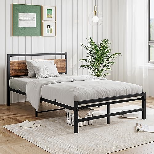 FOUBAM Bett 120x200, Metallbett Bettgestell,Rahmen Bettgestell Modern Bettrahmen Holz mit Kopfteil, Doppelbett/Einzelbett,Gästebett Jugendbett für Schlafzimmer Gästezimmer, Bed Frame Schwarz von FOUBAM