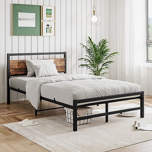 FOUBAM Bed Frame Metallbett Bettgestell,Rahmen Bettgestell Modern Bettrahmen Holz mit Kopfteil, Doppelbett/Einzelbett,Gästebett Jugendbett für Schlafzimmer Gästezimmer 120 x 200 cm Schwarz von FOUBAM