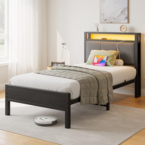 FOUBAM Bettrahmen mit Ladestation, Robustes Metallbett mit Holz Stauraum-Kopfteil aus Stoff,Gästebett Jugendbett Einzelbett Bettrahmen,Metall mit Lattenrost, 90x200 cm Schwarz FOUBAM Bettrahmen mit Ladestation, Robustes Metallbett mit Holz Stauraum-Kopfteil aus Stoff,Gästebett Jugendbett Einzelbett Bettrahmen,Metall mit Lattenrost, 90x200 cm Schwarz von FOUBAM