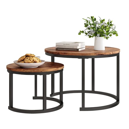 FOUBAM Couchtisch Rund, 2er Set Sofa Couchtisch Industrial Style, verschachtelte Beistelltische aus Metall und Holz, Vintage Sofa Tisches, Metall Satztisch 2er Set 50 und 70 cm, Braun FOUBAM Couchtisch Rund, 2er Set Sofa Couchtisch Industrial Style, verschachtelte Beistelltische aus Metall und Holz, Vintage Sofa Tisches, Metall Satztisch 2er Set 50 und 70 cm, Braun von FOUBAM