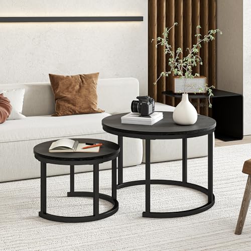 FOUBAM Couchtisch Rund, 2er Set Sofa Couchtisch Industrial Style, verschachtelte Beistelltische aus Metall und Holz, Vintage Sofa Tisches, Metall Satztisch 2er Set 50 und 70 cm Schwarz von FOUBAM