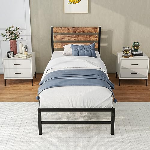 FOUBAM Bettgestell 90x200,Metallbett mit Holz Kopfteil,Bettgestell aus Metall mit Lattenrost,Einzelbett Bettrahmen Gästebett Jugendbett für Schlafzimmer Gästezimmer, Bed Frame Schwarz von FOUBAM