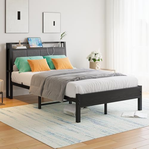 FOUBAM Metallbett Bettgestell 120x200 mit Ladestation,Ergonomie Robustes Metallbett mit Holz Stauraum-Kopfteil aus Stoff,Gästebett Doppelbett/Einzelbett Bettrahmen, Metall mit Lattenrost, Schwarz von FOUBAM
