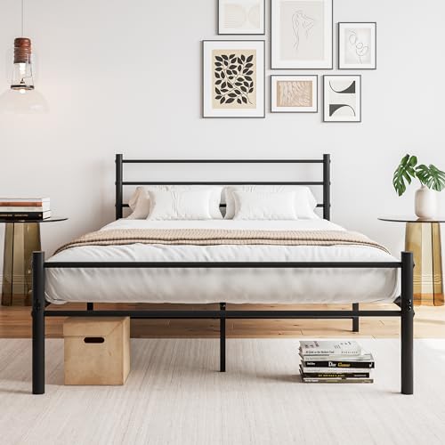 FOUBAM Modern Metallbett Bettgestelle mit Lattenrost, Doppelbett/Einzelbett, Bettrahmen mit Kopfteil, Bed Frame Gästebett Jugendbett für Schlafzimmer Gästezimmer 120x200 cm/Schwarz von FOUBAM