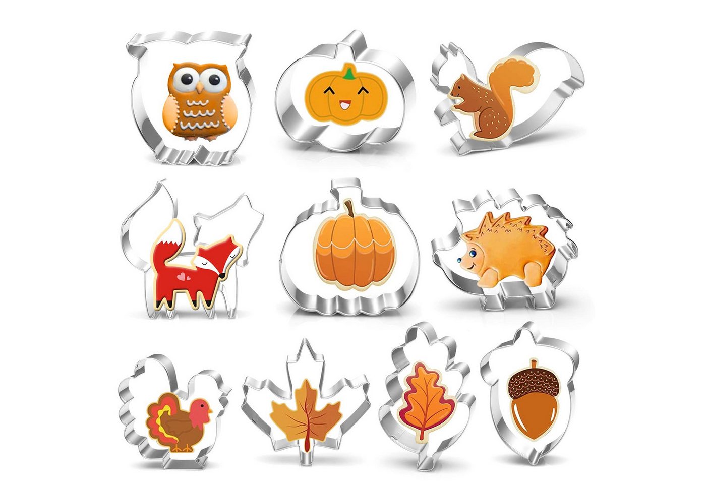 FOUORTUNATE-BEE Ausstechform 10 Stück Herbst Erntedankfest Ausstechformen Set Edelstahl Ausstecher, Edelstahl, (Kürbis, Eichel Fondant Keksausstecher, Thanksgiving, Kürbis, Ahornblatt, Eichhörnchen) von FOUORTUNATE-BEE