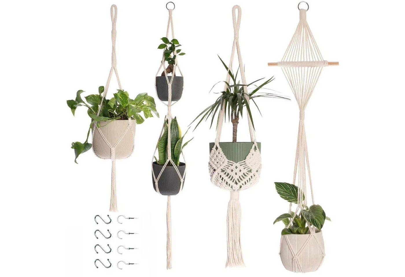 FOUORTUNATE-BEE Blumenampel 4er Set Blumenampel Hängend Innen (Boho Deko Makramee Hängeampel mit Haken, Baumwollseil Blumentopf Hängend, Boho Zimmer Deko Aesthetic, Hängepflanzen Topf für Balkon Fenster Deko) von FOUORTUNATE-BEE