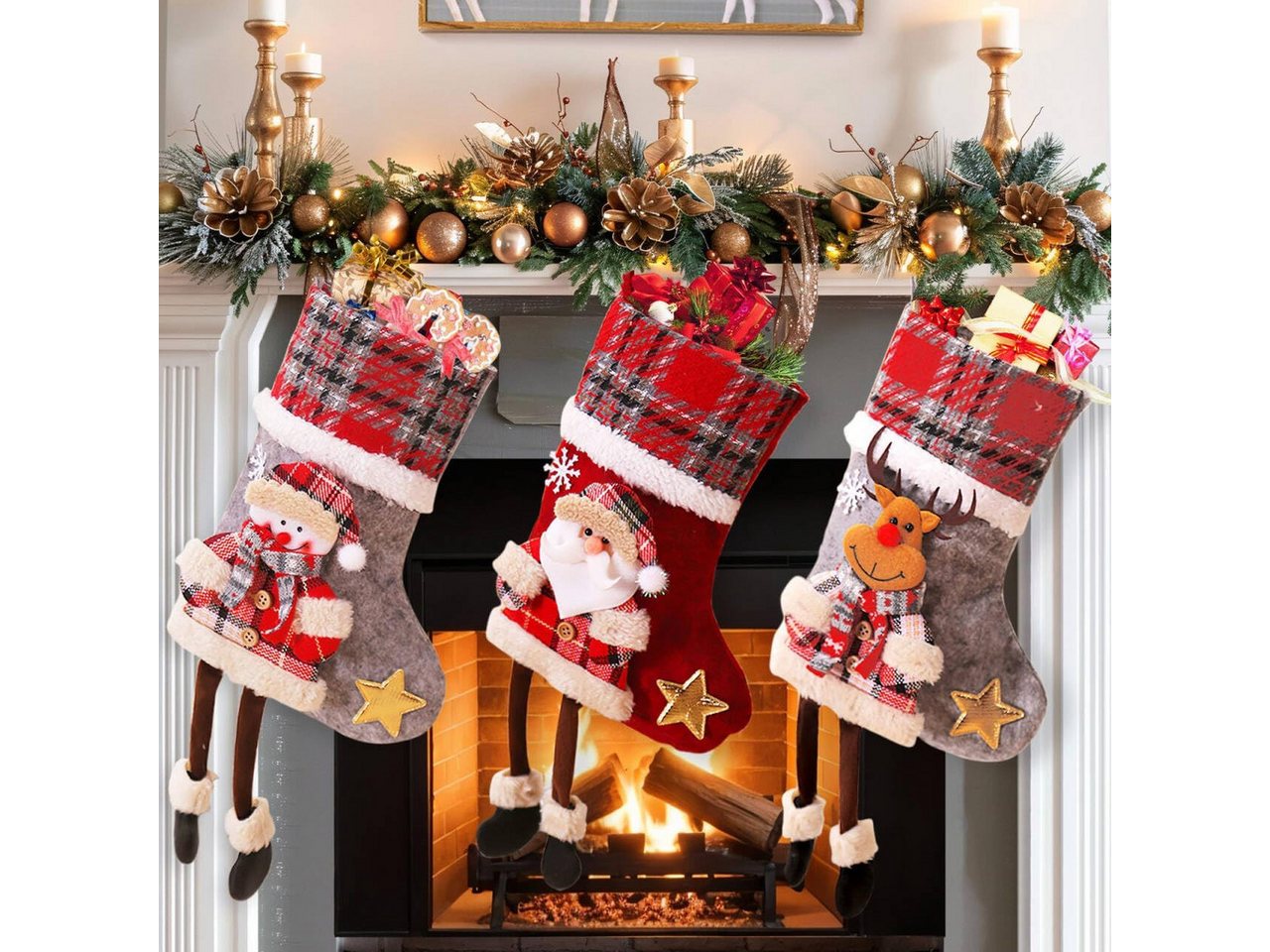 FOUORTUNATE-BEE Dekohänger 3er Set Nikolausstrumpf Kinder Klein Weihnachtsstrumpf (Kamin Nikolaus Socken Weihnachten Deko, 3 St., Rot Grau Nikolausstiefel zum Befüllen), Weihnachtsstrümpfe Weihnachtsdeko von FOUORTUNATE-BEE