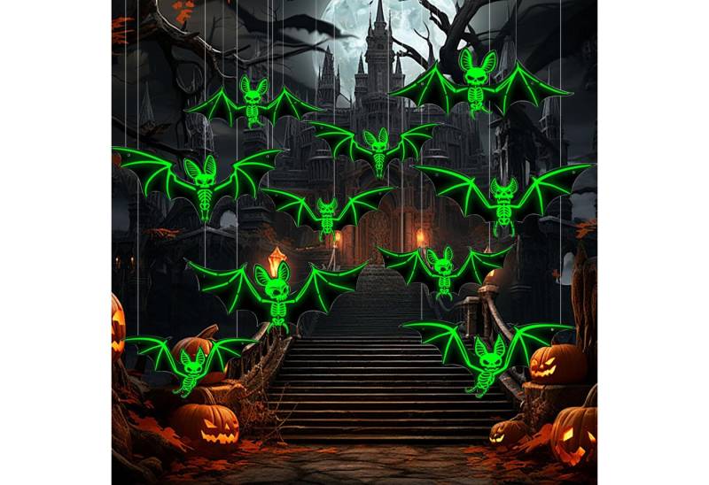 FOUORTUNATE-BEE Dekohänger Halloween Deko, 10 Stück Halloween Fledermaus Deko (Leuchtender Halloween Deko Outdoor Wasserdichtes PVC Halloween Wanddeko Horror Deko für Halloween-Partydekorationen, 10 St) von FOUORTUNATE-BEE