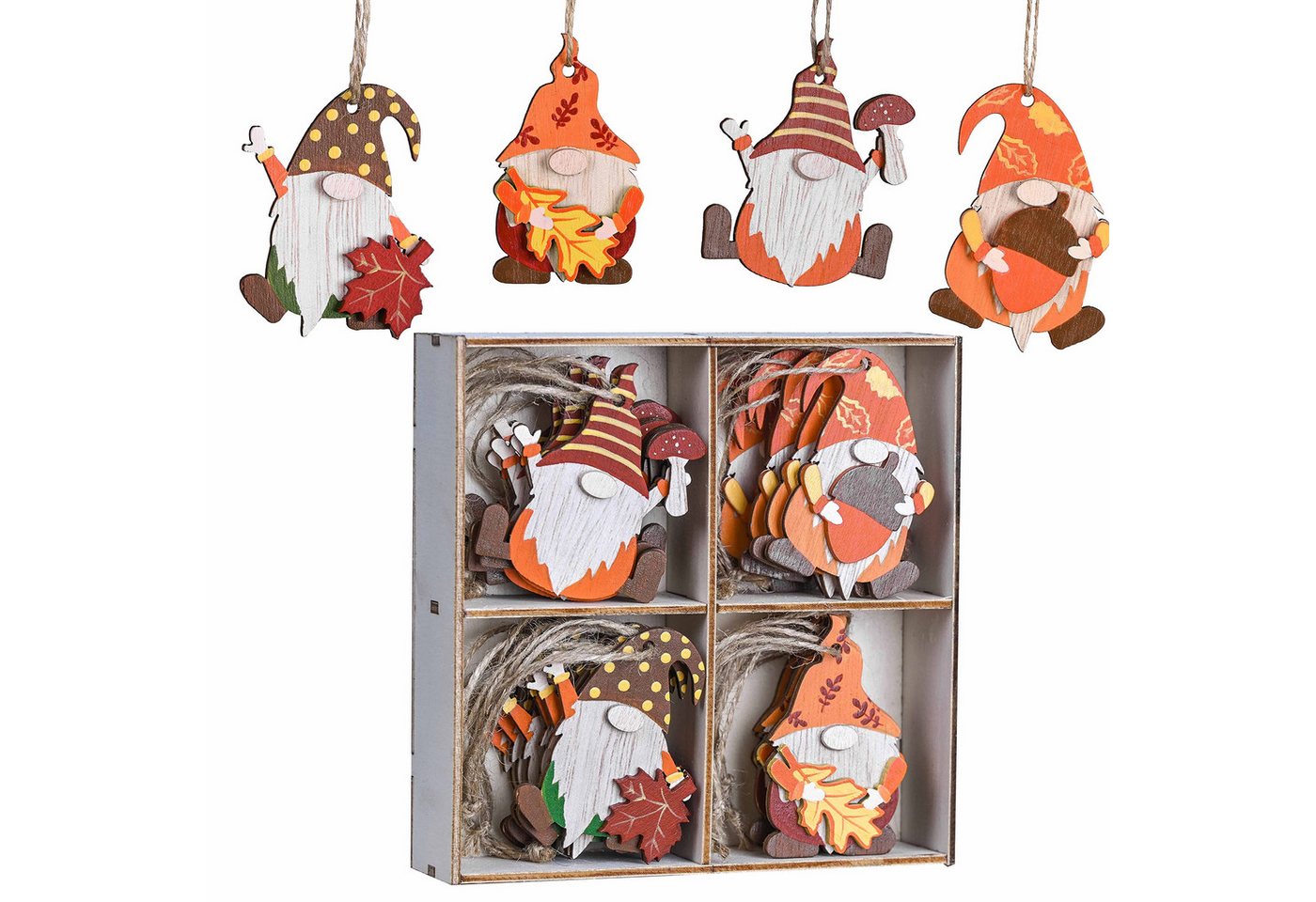 FOUORTUNATE-BEE Dekoobjekt 24er Holz Deko Hänger Herbst Dekoration (4.5-5.5cm Zwerg Wichtel Ahornblatt Pilz Fensterhänger mit Schnur zum Aufhängen, 24 St., fur Herbstdeko Erntedankfest Halloween) von FOUORTUNATE-BEE