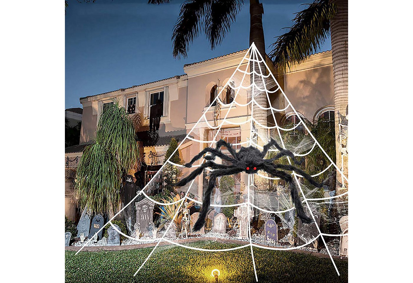 FOUORTUNATE-BEE Dekoobjekt Halloween Dekorationen Spinnennetz Spinnweben Riesen Spinne (125cm Riesenspinne with 50cm Dreieckiges Riesen Spinnennetz) von FOUORTUNATE-BEE