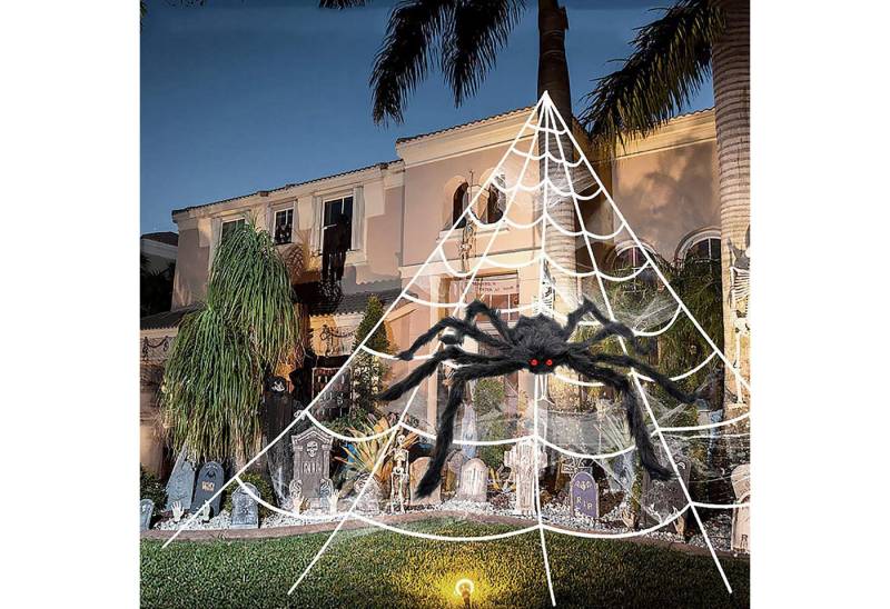 FOUORTUNATE-BEE Dekoobjekt Halloween Dekorationen Spinnennetz Spinnweben Riesen Spinne (125cm Riesenspinne with 50cm Dreieckiges Riesen Spinnennetz) von FOUORTUNATE-BEE