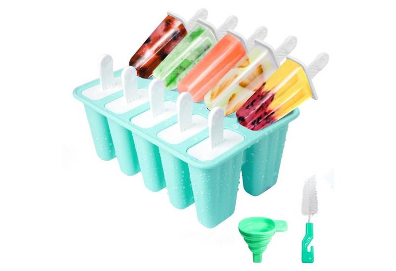 FOUORTUNATE-BEE Eisform Eisformen Silikon, 10 Hohlräume Eis Am Stiel Formen, (Antihaftend DIY Amüsant Eis Form), Eis Am Stiel Formen Mit Silikontrichter Und Reinigungsbürste von FOUORTUNATE-BEE