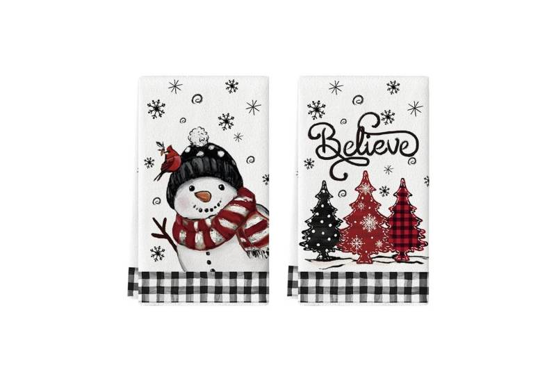 FOUORTUNATE-BEE Geschirrtuch Weihnachtliche Geschirrtücher im 2er-Set mit Schneemann & Tanne, (2-tlg), Dekorative Küchentücher 40×60 cm im Karomuster für festliche Momente von FOUORTUNATE-BEE