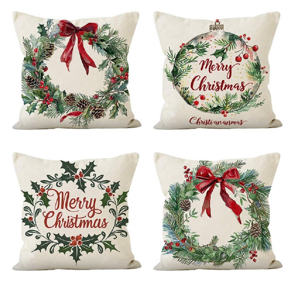 FOUORTUNATE-BEE Kissenbezug 4er-Set Weihnachts-Kissenbezüge mit grünen Blättern und roten Beeren, (4 Stück), Dekorative Sofa- und Wohnkissenhüllen für festliche Weihnachtsdeko von FOUORTUNATE-BEE
