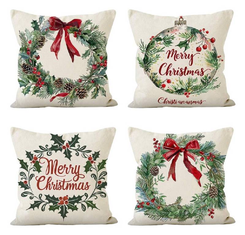 FOUORTUNATE-BEE Kissenbezug 4er-Set Weihnachts-Kissenbezüge mit grünen Blättern und roten Beeren, (4 Stück), Dekorative Sofa- und Wohnkissenhüllen für festliche Weihnachtsdeko von FOUORTUNATE-BEE