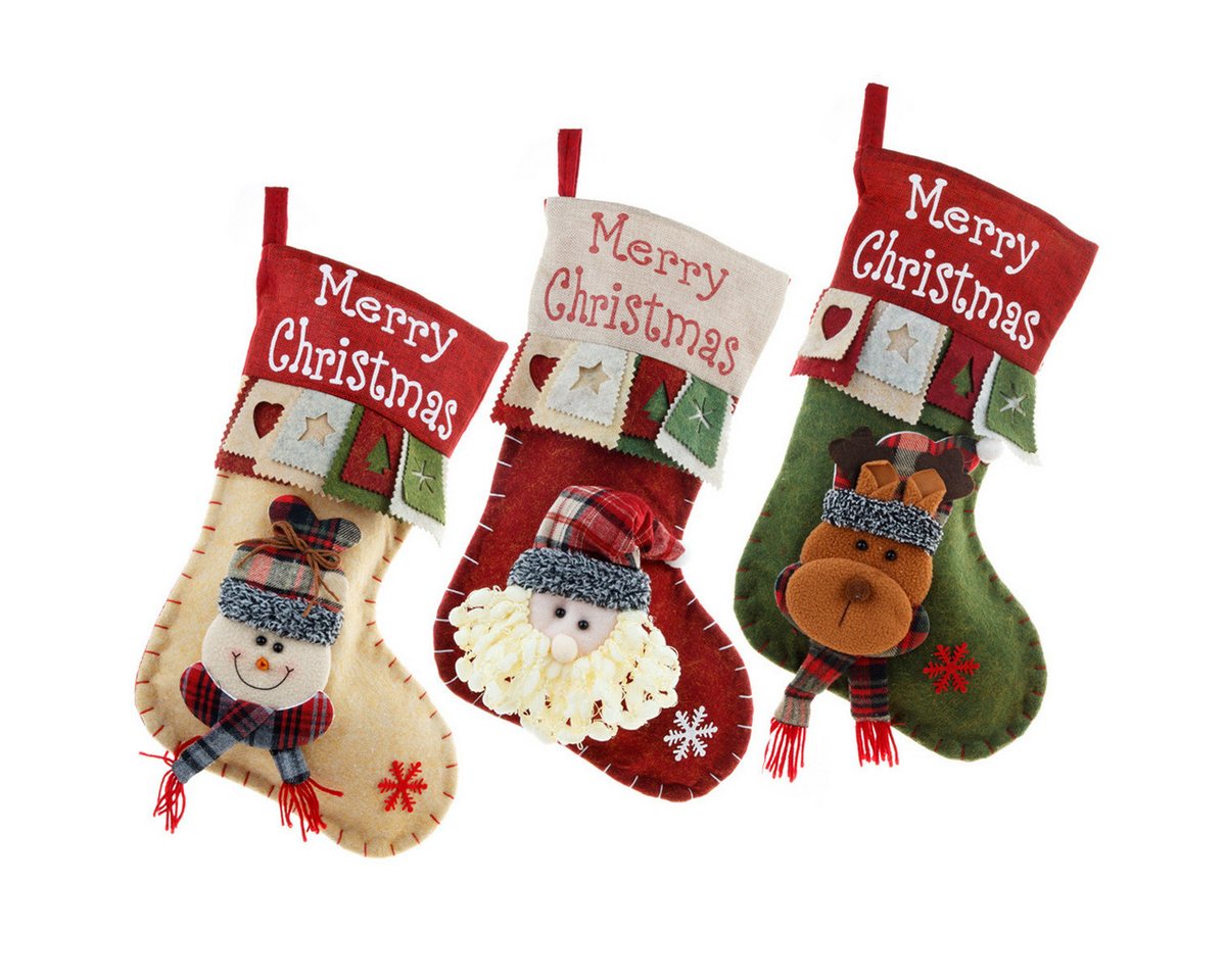 FOUORTUNATE-BEE Krippen-Zubehör 3er-Set Vintage-Weihnachtsstrümpfe mit Santa, Schneemann & Rentier, Weihnachtssocken für Treppe, Kamin, Schlafzimmer und Baumdekoration von FOUORTUNATE-BEE