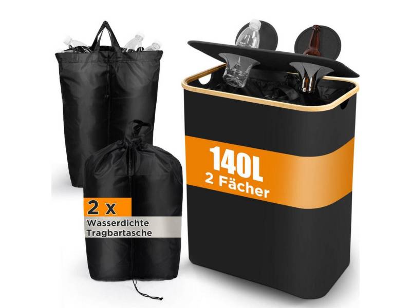 FOUORTUNATE-BEE Müllsackständer Pfandflaschen Sammelbehälter 2 Fächer, 140L Pfandbehälter, Leergut & Altglas Aufbewahrung mit Loch [inkl. 2 XXL Tragetasche] von FOUORTUNATE-BEE