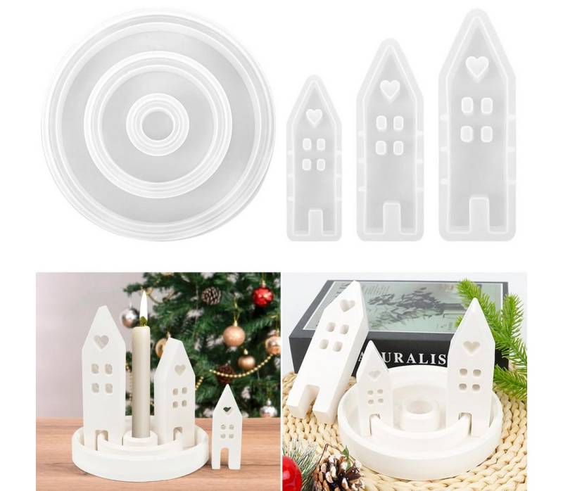 FOUORTUNATE-BEE Silikonform 4 Stück Silikonform Haus Kerzenständer Set Gießformen Silikon Häuser, (Gießform Haus Kerzenhalter Rund Formen für Gips Teelichter Handwerk 4-tlg), Silikonformen Gießformen Kerzenhalter von FOUORTUNATE-BEE