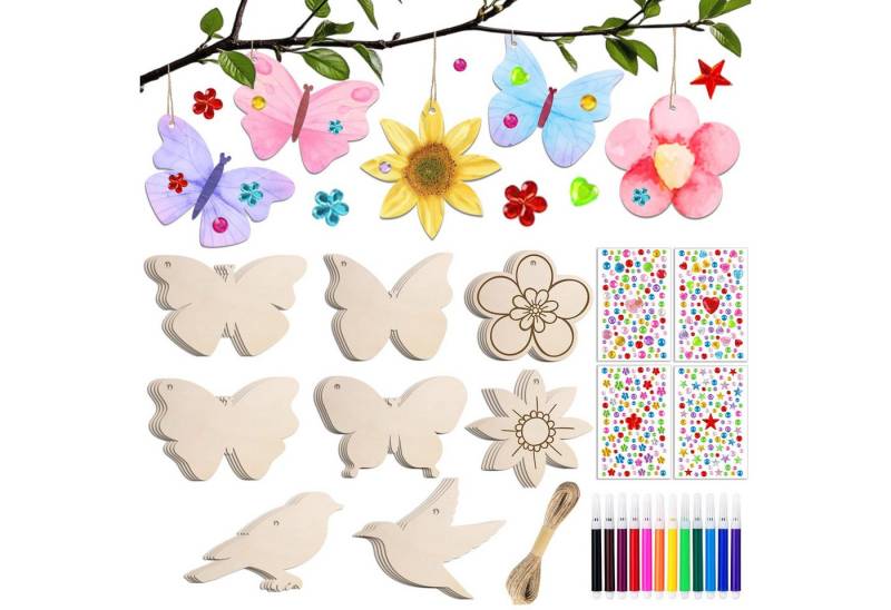FOUORTUNATE-BEE Streudeko 57 Stück Bastelsets für Kinder, (Basteln Kinder Schmetterling Blume Vogel Holzanhänger zum Bemalen, Kindergeburtstag Basteln Mädchen, DIY Kreativsets mit Aquarellstift Edelsteinaufkleber 57-tlg) von FOUORTUNATE-BEE