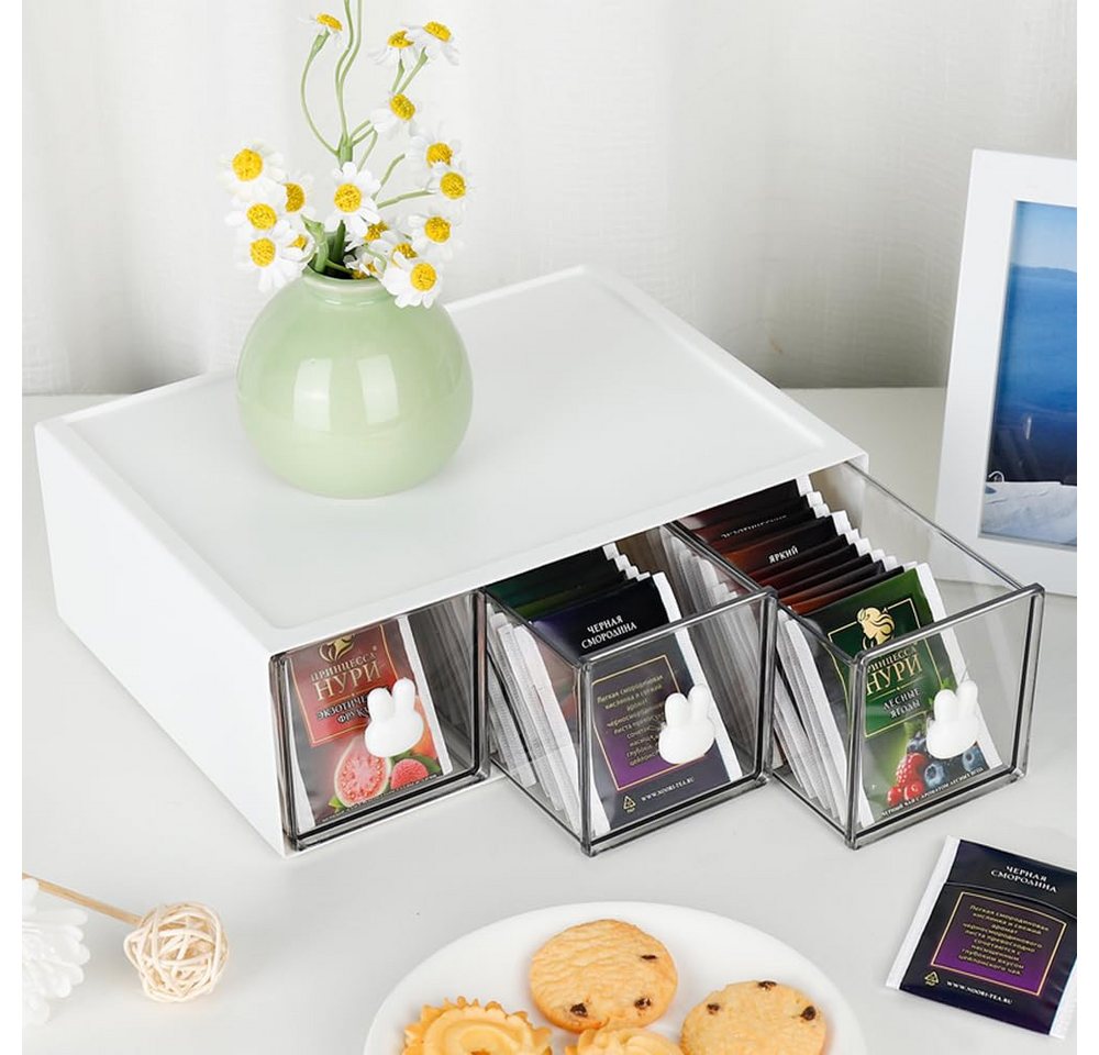 FOUORTUNATE-BEE Teebox Tee Organizer,Stapelbar Teebox, (Tee Box für Lagerung Teebeutel,Kaffee,Stroh usw,Kunststoff Aufbewahrungsbox,Küchen Organizer für Küche/Bad/Ankleideraum/Arbeitszimmer usw(weiß). (1, white-3drs) von FOUORTUNATE-BEE