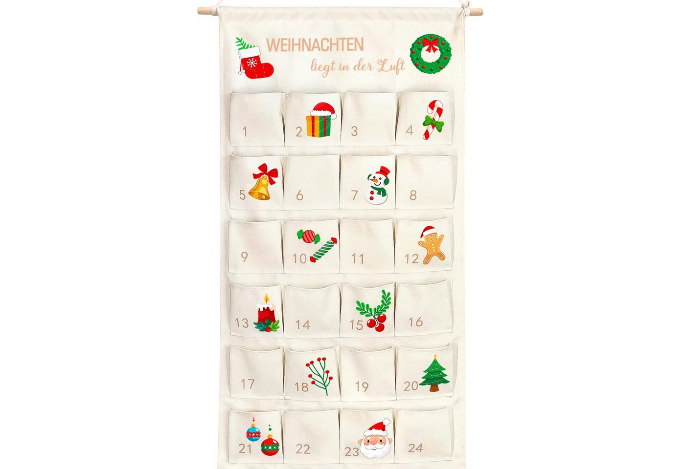 FOUORTUNATE-BEE befüllbarer Adventskalender 2025 Adventskalender zum Befüllen Stoff (100 x 50 cm Weihnachtskalender zum Befüllen Wiederverwendbar mit 24 Taschen,Adventskalender zum Aufhängen Hängend zum Wand Tür Weihnachten Deko) von FOUORTUNATE-BEE