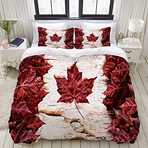 FOURFOOL Bettwäsche-Set,Flagge von Kanada konstruiert vom Land-Symbol der Ahornblatt-weißen Birkenrinde,Dekoratives 3-teiliges Bettwäscheset mit 2 Kissenbezügen,Einzelgröße(135 x 200cm) von FOURFOOL