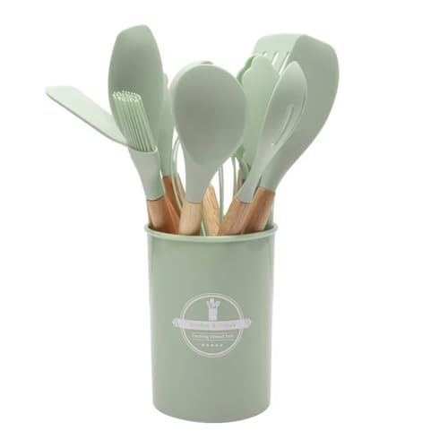FOVAOK Silikon-Küchenutensilien, Kochutensilien, Holzgriff, Antihaft-Topf, Küchenutensilien-Set, Aufbewahrungseimer, Silikon-Küchenutensilien (Minzgrün, 12 Stück) von FOVAOK