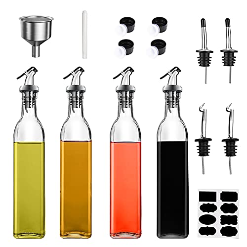 FOVERN1 Ölflasche, 500 ml, Glas, Olivenölflaschen, Essigspender, 4 Stück, Ölspender, Flasche zum Kochen, Küche, Backen, Salat mit 8 Ausgießern, 1 Trichter von FOVERN1