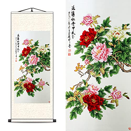 FOVNOT Orientalische Deko, Asiatische Pfingstrose Blumen Deko Schriftrolle Zum Beschreibenwanddeko, Schön Wand Deko Wanddeko Schlafzimmer Wall Decoration Wohnzimmer Wandbehang Deko Wand Wandtuch von FOVNOT