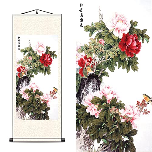 FOVNOT Orientalische Deko, Asiatische Pfingstrose Blumen Deko Schriftrolle Zum Beschreibenwanddeko, Schön Wand Deko Wanddeko Schlafzimmer Wall Decoration Wohnzimmer Wandbehang Deko Wand Wandtuch von FOVNOT