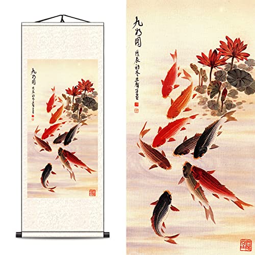 FOVNOT Asiatische Wanddeko, Chinesisch Wall Art Seide Schriftrolle Wandbehang Orientalisch Neun Fisch Deko Wohnzimmer Japanese Malerei Deko Schlafzimmer Wand Schriftrolle Gemälde von FOVNOT