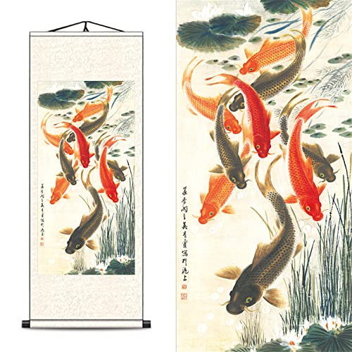 FOVNOT Asiatische Wanddeko, Chinesisch Wall Art Seide Schriftrolle Wandbehang Orientalisch Neun Fisch Deko Wohnzimmer Japanese Malerei Deko Schlafzimmer Wand Schriftrolle Gemälde von FOVNOT