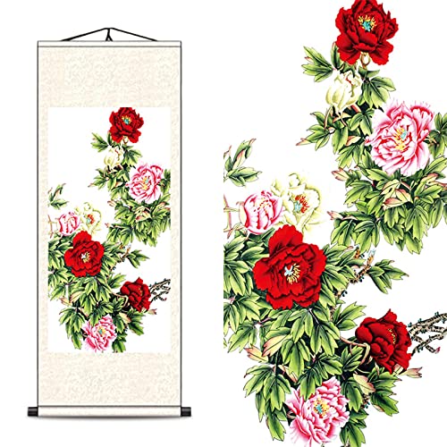 FOVNOT Orientalische Deko, Asiatische Pfingstrose Blumen Deko Schriftrolle Zum Beschreibenwanddeko, Schön Wand Deko Wanddeko Schlafzimmer Wall Decoration Wohnzimmer Wandbehang Deko Wand Wandtuch von FOVNOT