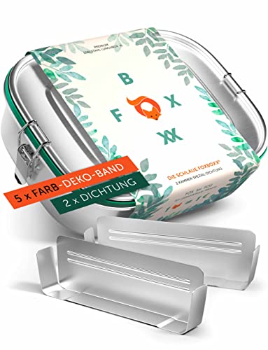 FOXBOXX Edelstahl Brotdose Premium | Large 1200ml | 5 DEKO-Farbringe + DualCham Ersatzdichtung = Auslaufsicher + 2 Trennwände = 3 Fächer | Kinder & Erwachsene von FOXBOXX