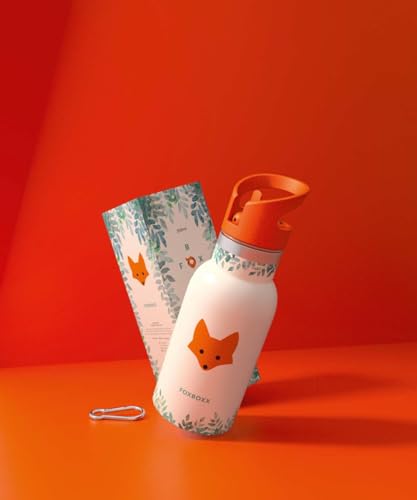 FOXBOXX Trinkflasche Isoliert | 0,35l - Edelstahl Premium | FOX pulverbeschichtet + Stahl-Karabiner/Thermosflasche Kinder | Sportcap foxy orange von FOXBOXX