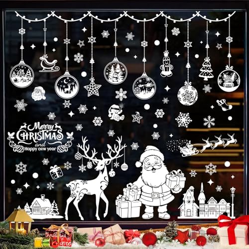 133 Fensterbilder Weihnachten Selbstklebend, Schneeflocken Fensterdeko Weihnachten PVC Weihnachtsdeko Fenster Winter Wiederverwendbar als Deko Weihnachten (Weiß) von FOXMIND