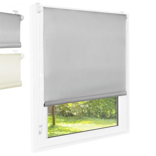 FOXX Thermo Rollo [FÜR Fenster OHNE Bohren] 65x220 cm Grau/Innenrollo Blickdicht als Sichtschutz/Klemmfix Montage/Für Schlafzimmer, Wohnzimmer, Küche, Büro, Kinderzimmer von Foxx