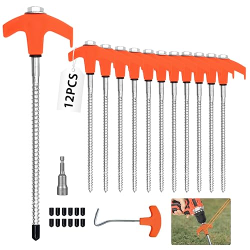 12 Stück Zeltheringe, Drehbare Zeltheringe mit Gewinde, Felsboden-Erdnägel für Camping mit Nagelzieher & Adapter für Akkuschrauber, Robuste Stahl-Heringe für Camping und Outdoor von FOYIOLRU
