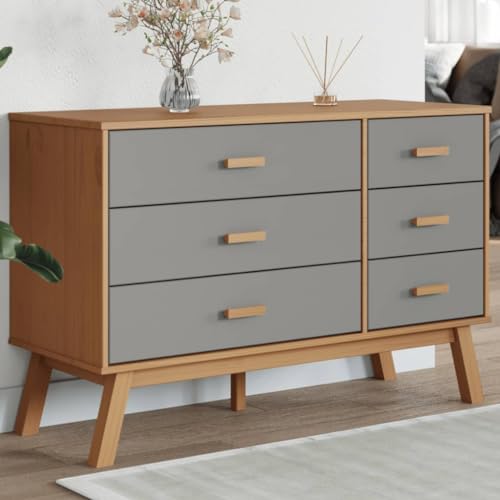 FOZICV Sideboard 111x42x73,5 cm Olden Grau und Braun Massivholz Kiefer Mit 6 Schubladen Versehen Lagerschrank Robuste Oberplatte Ausstellen von Bilderrahmen Schubladenschrank Skandinavischer Stil von FOZICV