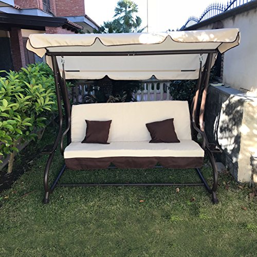 FP-TECH Gartenschaukel 3-Sitzer mit Sonnendach Sofa Bett neigbar Dondolo Beige e Marrone von FP-TECH