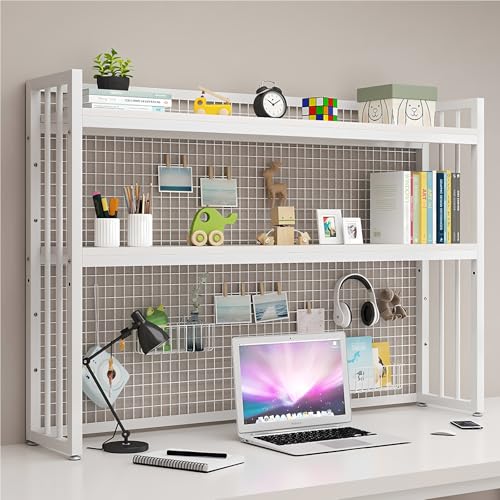 FPIGSHS Computer-Schreibtisch-Bücherregal, 2 -Ebenen Schreibtisch Organizer Regal Aus Holz Und Metall,einstellbare Lagerregal Büroregal Aktenregal Für Wohnheim Büro Hause (Weiß, 95cm) von FPIGSHS