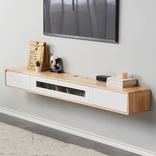 FPIGSHS TV Schrank schwebend Massivholz mit 2 Schubladen, TV Lowboard hängend mit Kabelmanagement ，TV-Medienkonsole für Wohnzimmer, Schlafzimmer (Originalholz + weiße Tür, 120cm) von FPIGSHS