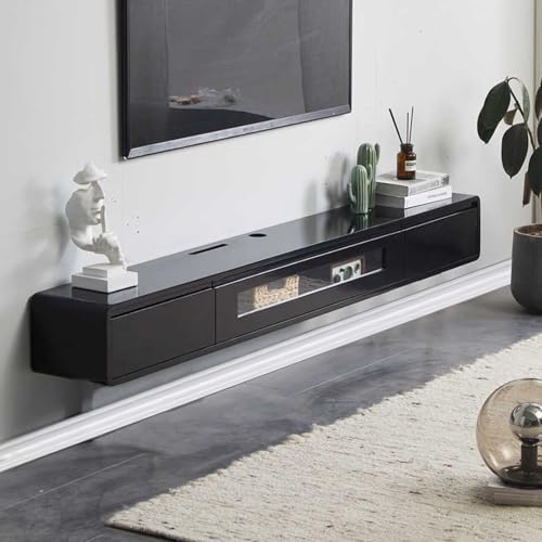 FPIGSHS TV Schrank schwebend Massivholz mit 2 Schubladen, TV Lowboard hängend mit Kabelmanagement ，TV-Medienkonsole für Wohnzimmer, Schlafzimmer (Schwarz, 160cm) von FPIGSHS