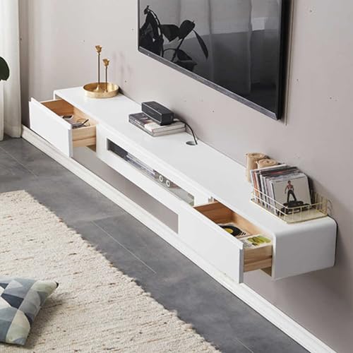 FPIGSHS TV Schrank schwebend Massivholz mit 2 Schubladen, TV Lowboard hängend mit Kabelmanagement ，TV-Medienkonsole für Wohnzimmer, Schlafzimmer (Weiß, 200cm) von FPIGSHS
