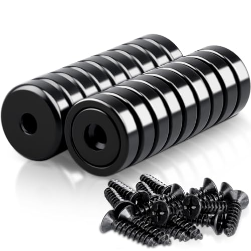 18 Stück Magnete Stark 20x7mm Schwarz, Neodym Magnete Extra Stark 10 KG Kraft mit Loch und Kapsel Magnete Stark für Küchen, Badezimmer, Büros, Lager von FPMYB