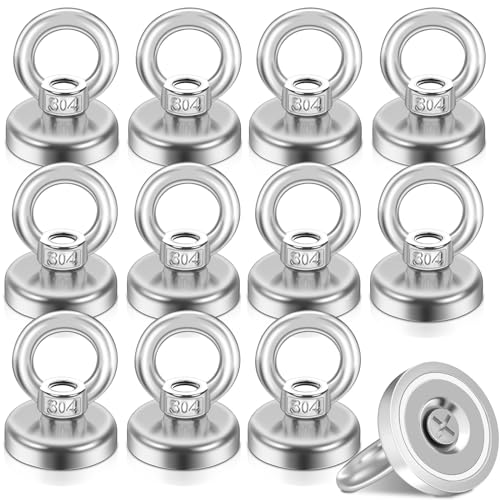 FPMYB 12 Stück Magnet Stark Neodym Ösenmagnet Magnethaken, 19 kg Neodym Magnete Extra Stark Magnetfischen, 25 mm Super Starker Angelmagnet mit Loch für Zuhause, Seen,Rasen,Ozean von FPMYB