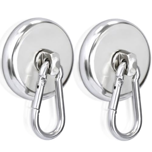FPMYB 2 Stück Magnethaken Extra Stark, 42mm Neodym Magnet mit Karabiner Magnetische Haken hält, 50kg 360°Drehbar Magnet Haken, Magnete Hake für Küche Camping Garage Büro Kühlschrankmagnet von FPMYB