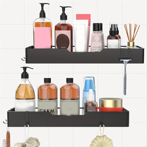 Dusche Caddy 2er-Set, große Kapazität, Dusche Organisatoren, Dusche Wandhalterungen mit 4 Haken, Edelstahl, für Bad Lagerung, Quick-Dry Design, Bohren nicht erforderlich, schwarz (2-piece set) von FQERHIYG